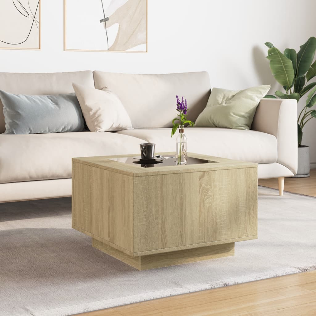 sonoma tölgy szerelt fa dohányzóasztal LED-del 60 x 60 x 40 cm