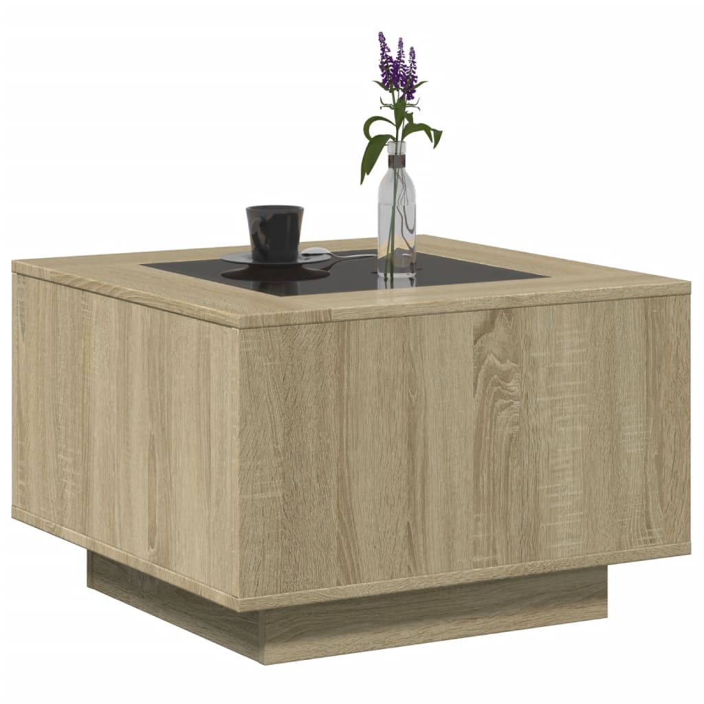 sonoma tölgy szerelt fa dohányzóasztal LED-del 60 x 60 x 40 cm