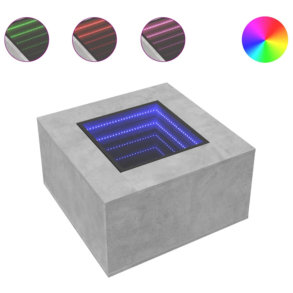 betonszürke szerelt fa dohányzóasztal LED-del 60 x 60 x 40 cm