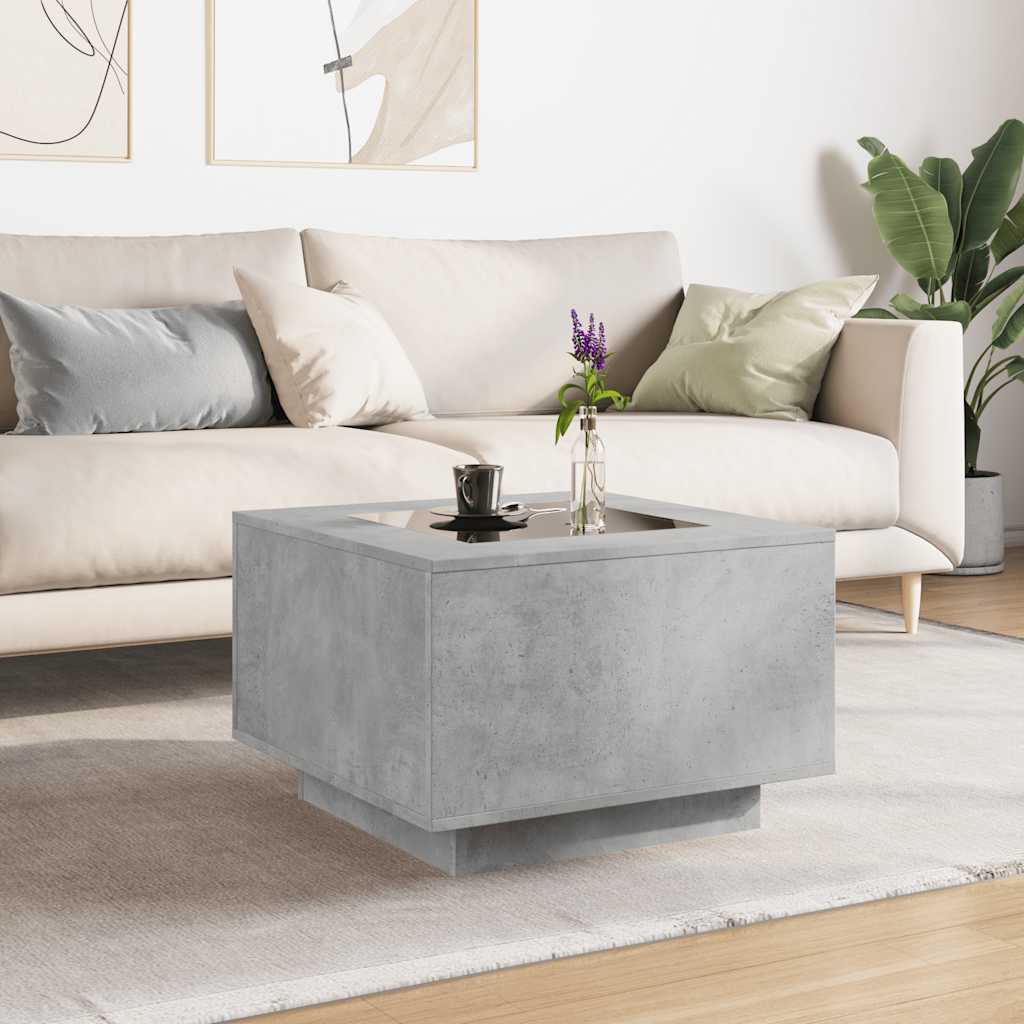 betonszürke szerelt fa dohányzóasztal LED-del 60 x 60 x 40 cm