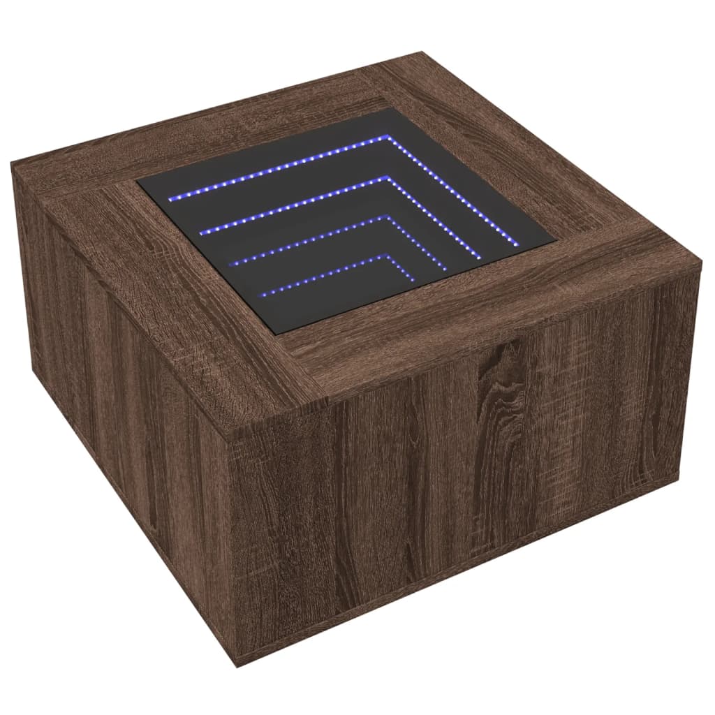 barna tölgy szerelt fa dohányzóasztal LED-del 60 x 60 x 40 cm