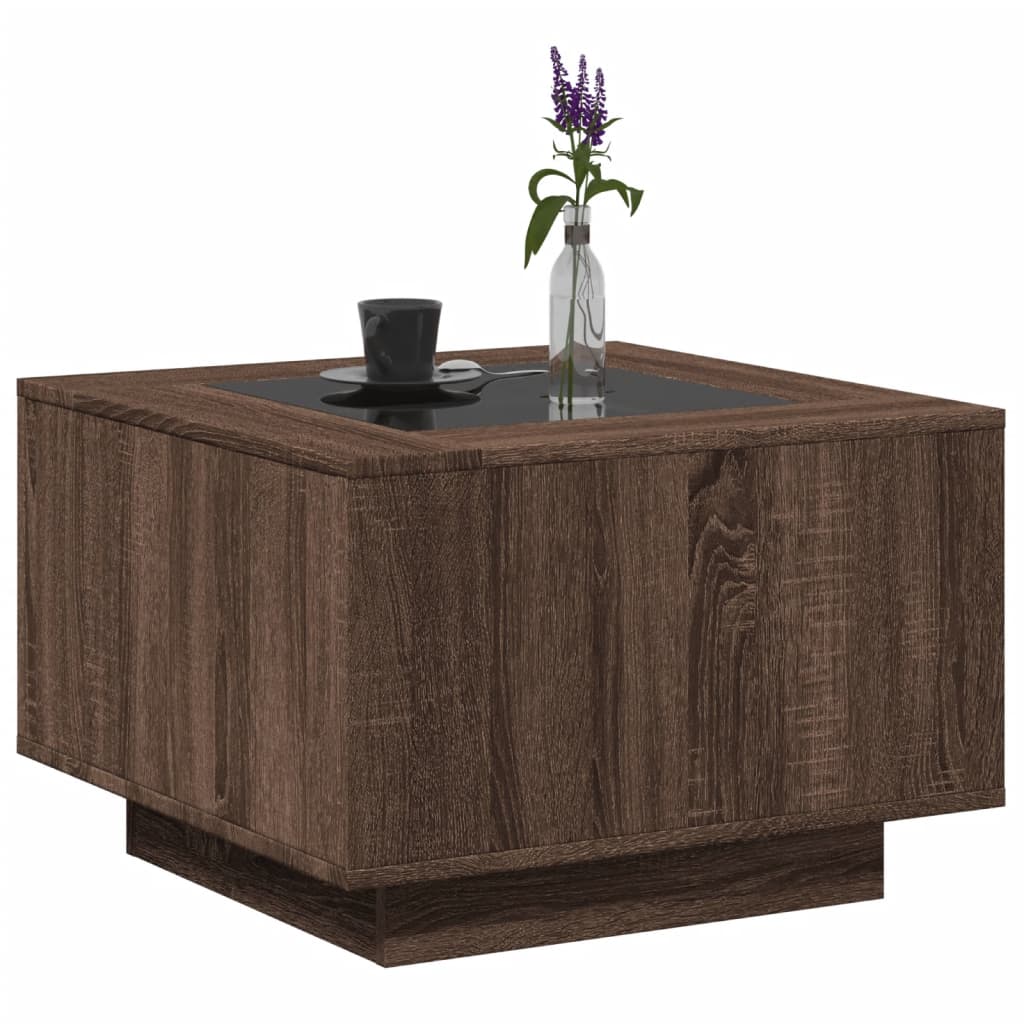 barna tölgy szerelt fa dohányzóasztal LED-del 60 x 60 x 40 cm