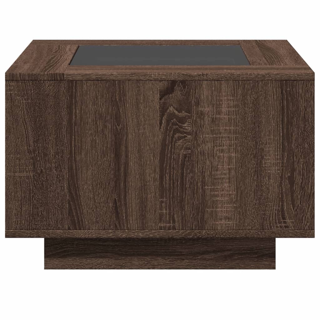 barna tölgy szerelt fa dohányzóasztal LED-del 60 x 60 x 40 cm