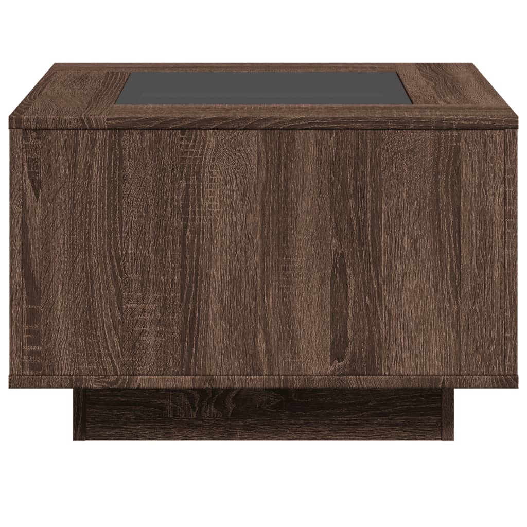 barna tölgy szerelt fa dohányzóasztal LED-del 60 x 60 x 40 cm