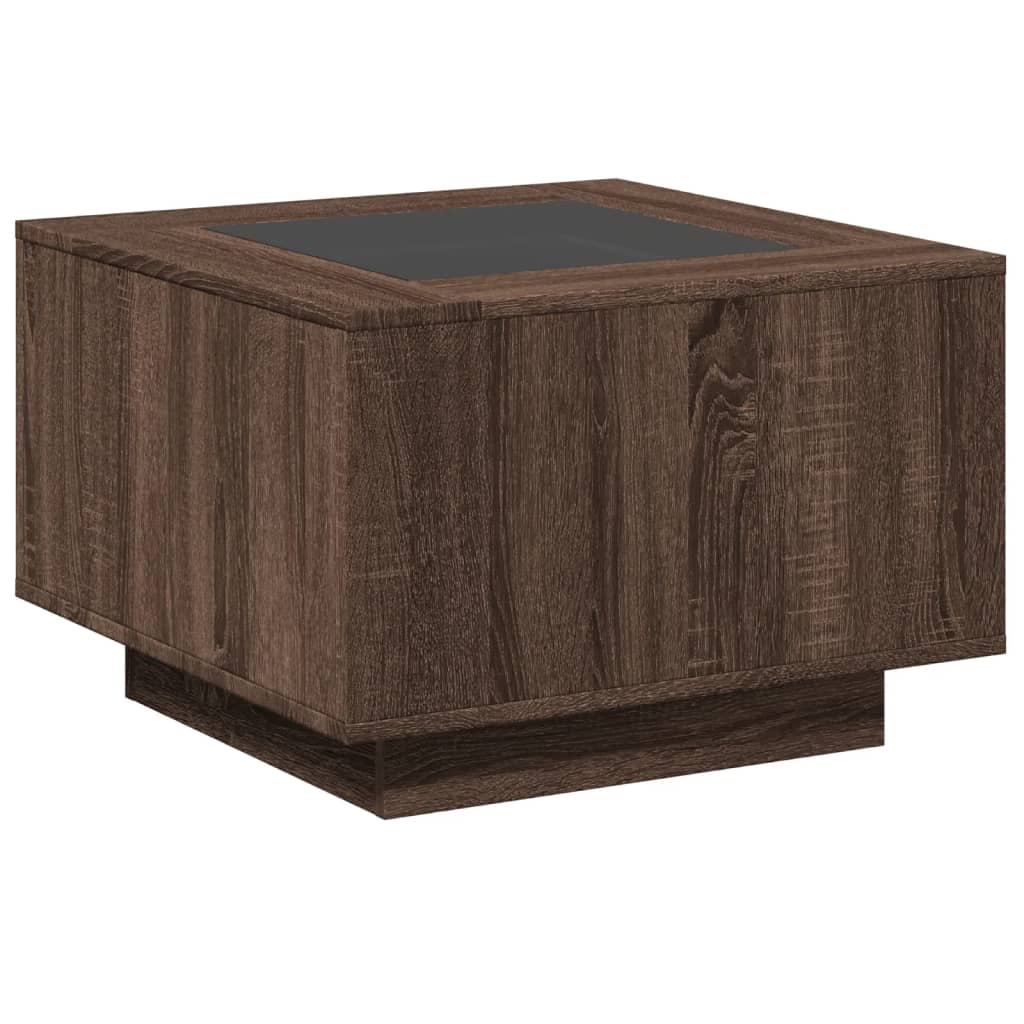 barna tölgy szerelt fa dohányzóasztal LED-del 60 x 60 x 40 cm