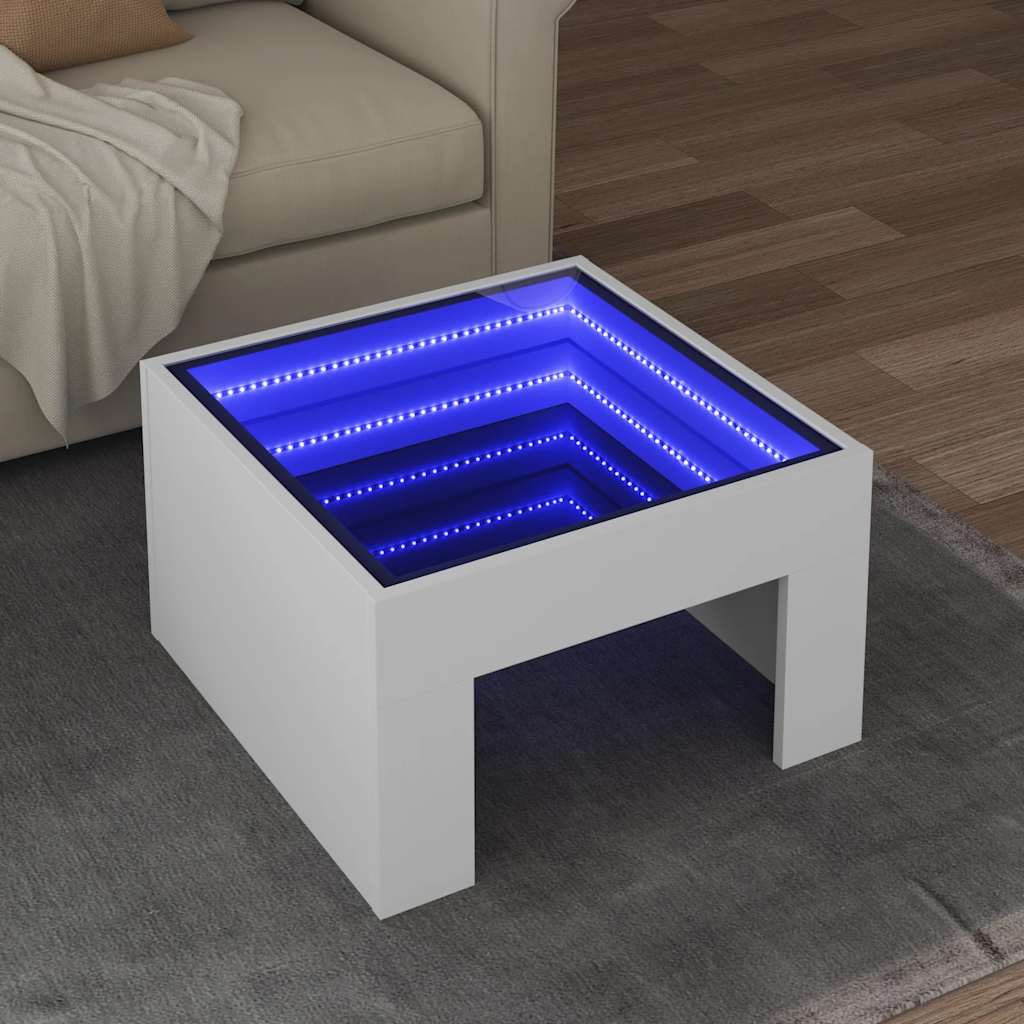 fehér végtelen hatású LED-es dohányzóasztal 50 x 50 x 30 cm