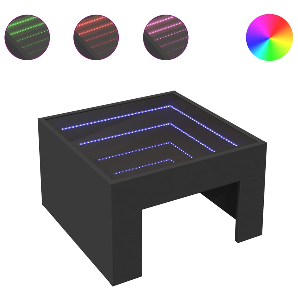 fekete végtelen hatású LED-es dohányzóasztal 50 x 50 x 30 cm
