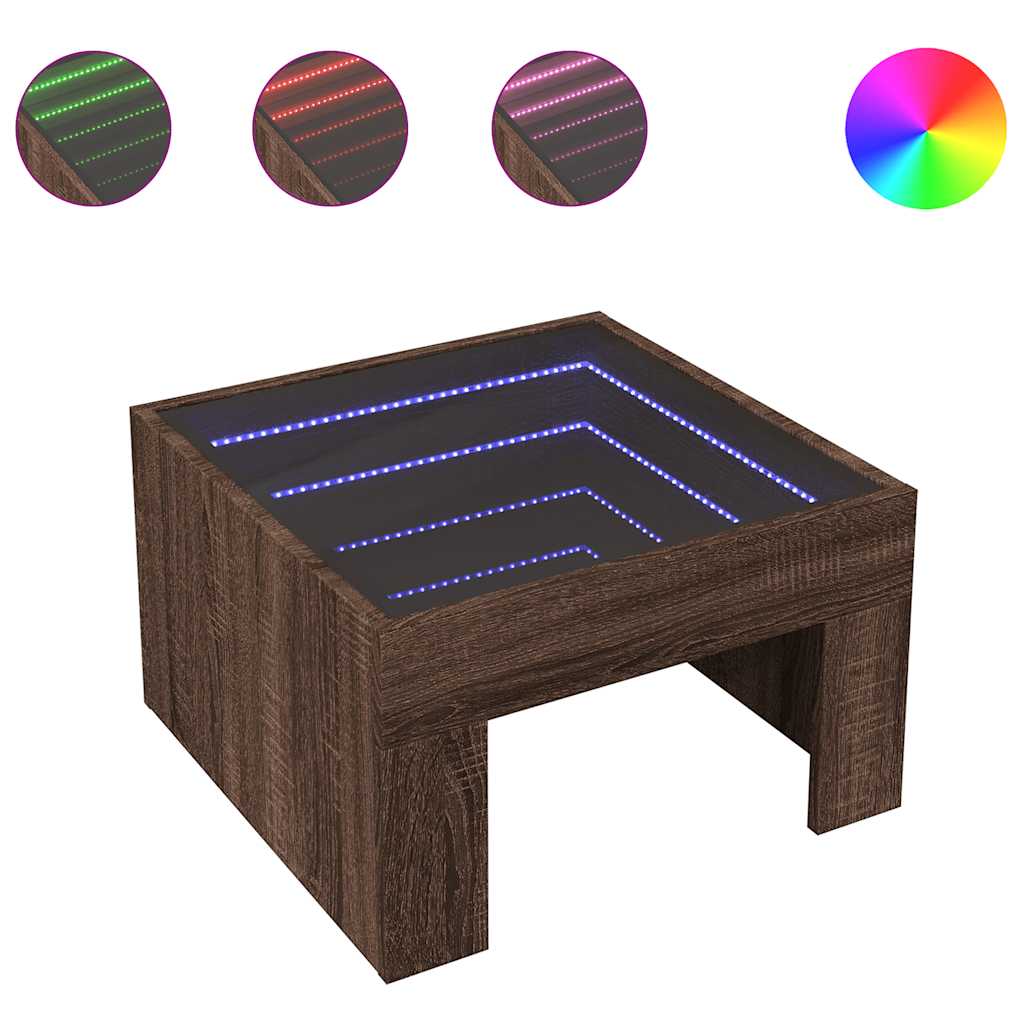 barna tölgy végtelen hatású LED-es dohányzóasztal 50x50x30 cm