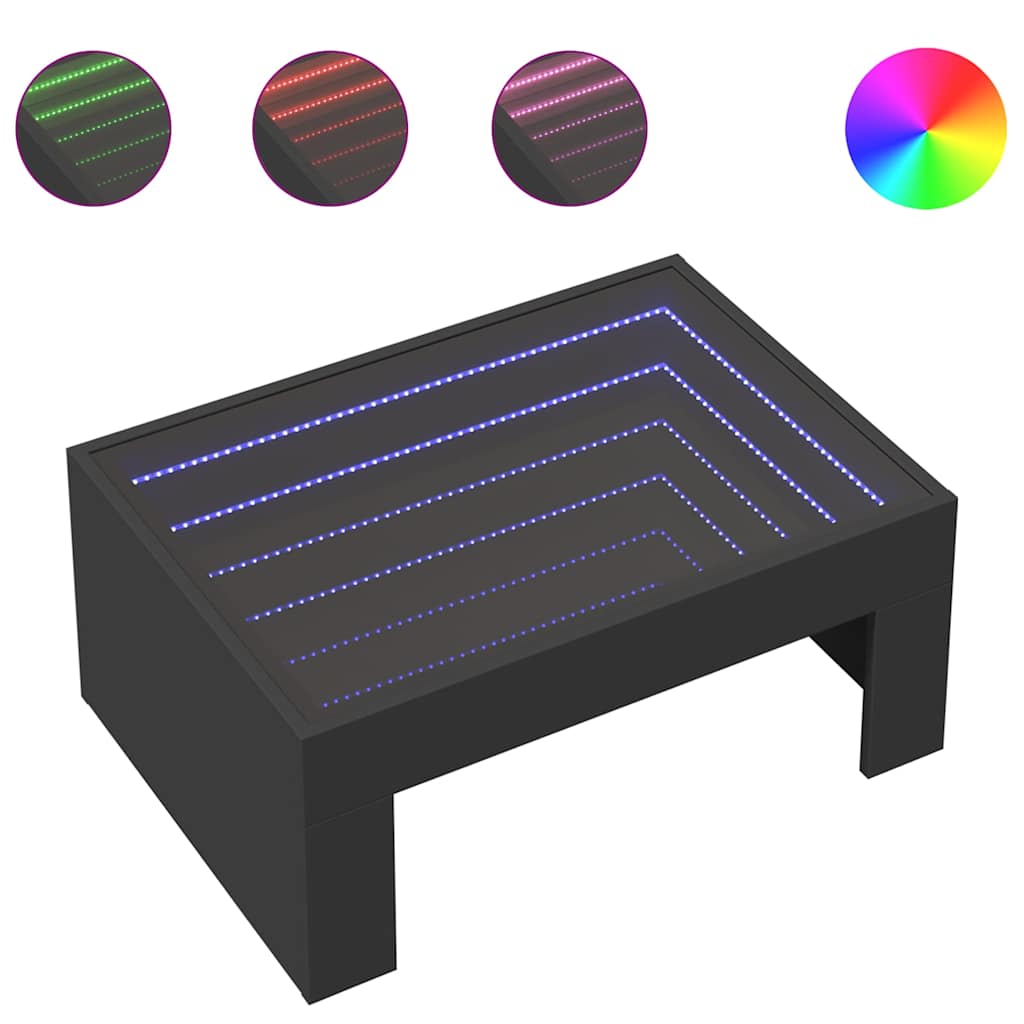 fekete végtelen hatású LED-es dohányzóasztal 70 x 50 x 30 cm