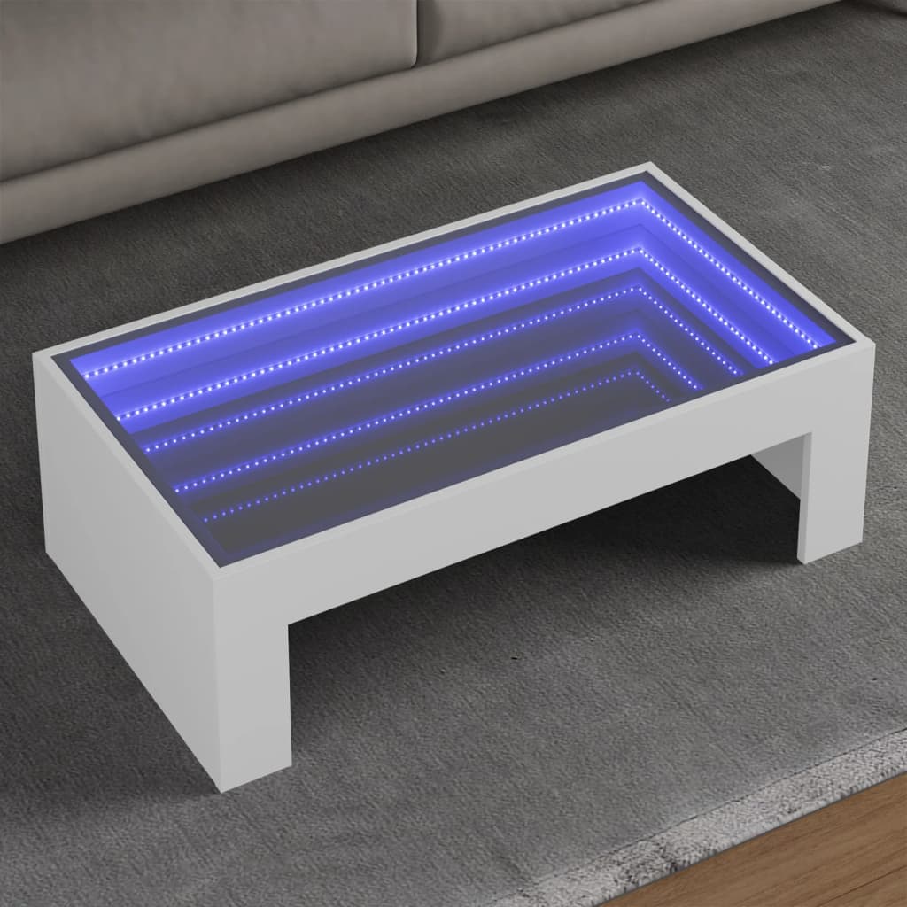 fehér végtelen hatású LED-es dohányzóasztal 90 x 50 x 30 cm