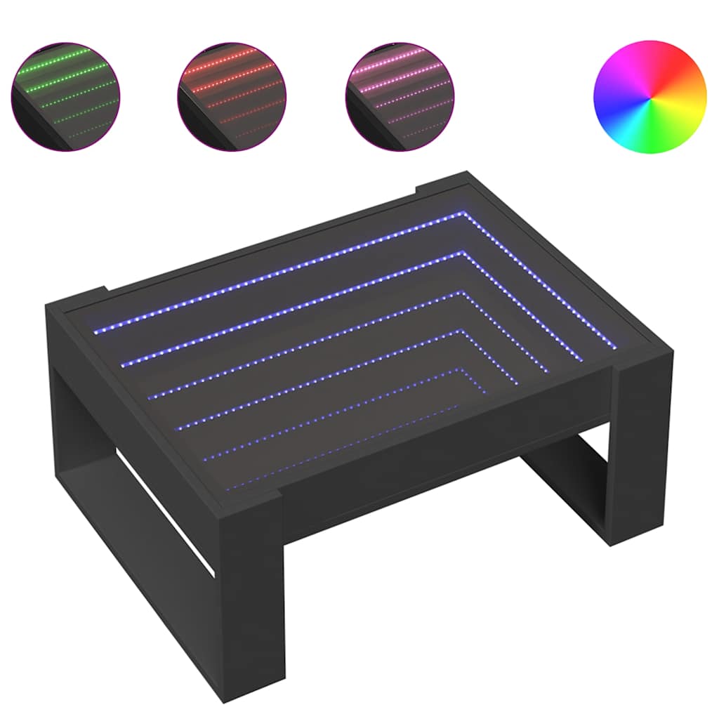 fekete végtelen hatású LED-es dohányzóasztal 70 x 53 x 30 cm