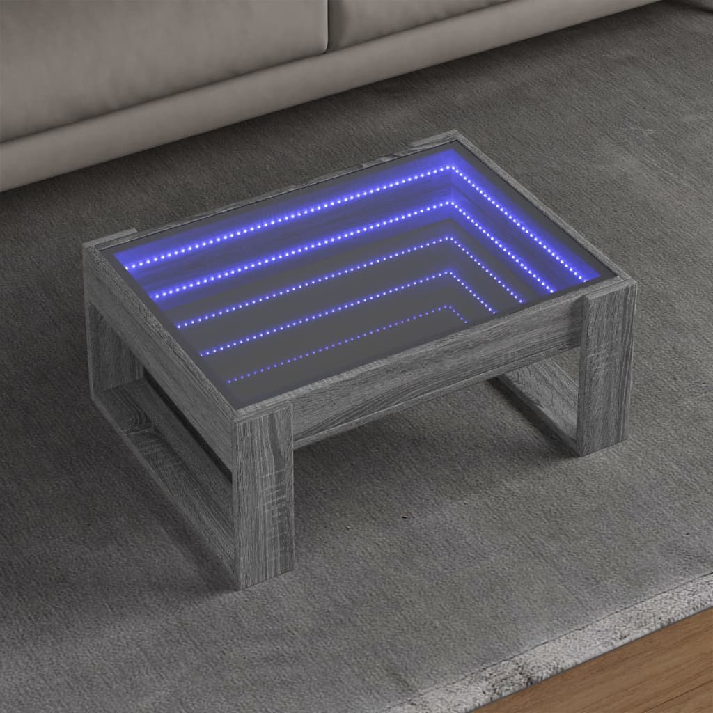 szürke sonoma végtelen hatású LED-es dohányzóasztal 70x53x30 cm