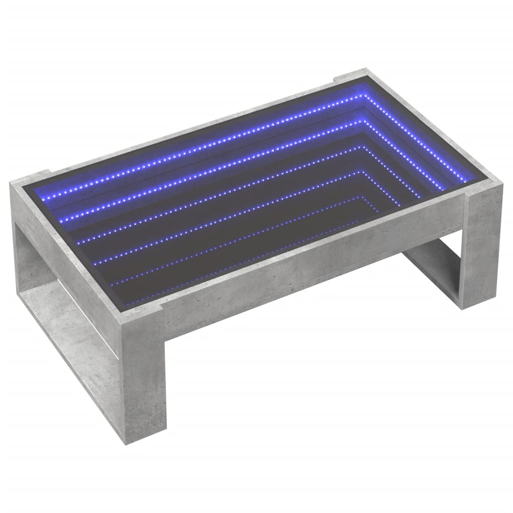 betonszürke végtelen hatású LED-es dohányzóasztal 90x53x30 cm