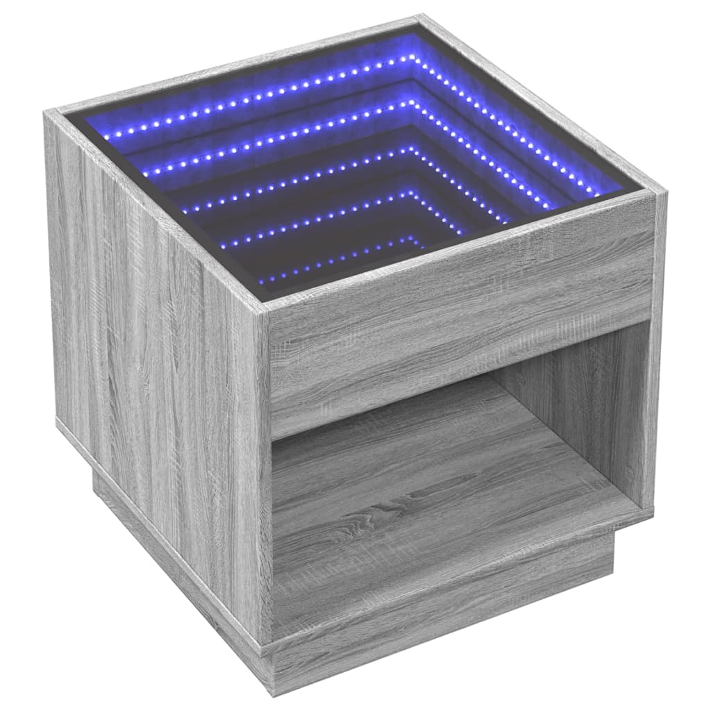 szürke sonoma végtelen hatású LED-es dohányzóasztal 50x50x50 cm