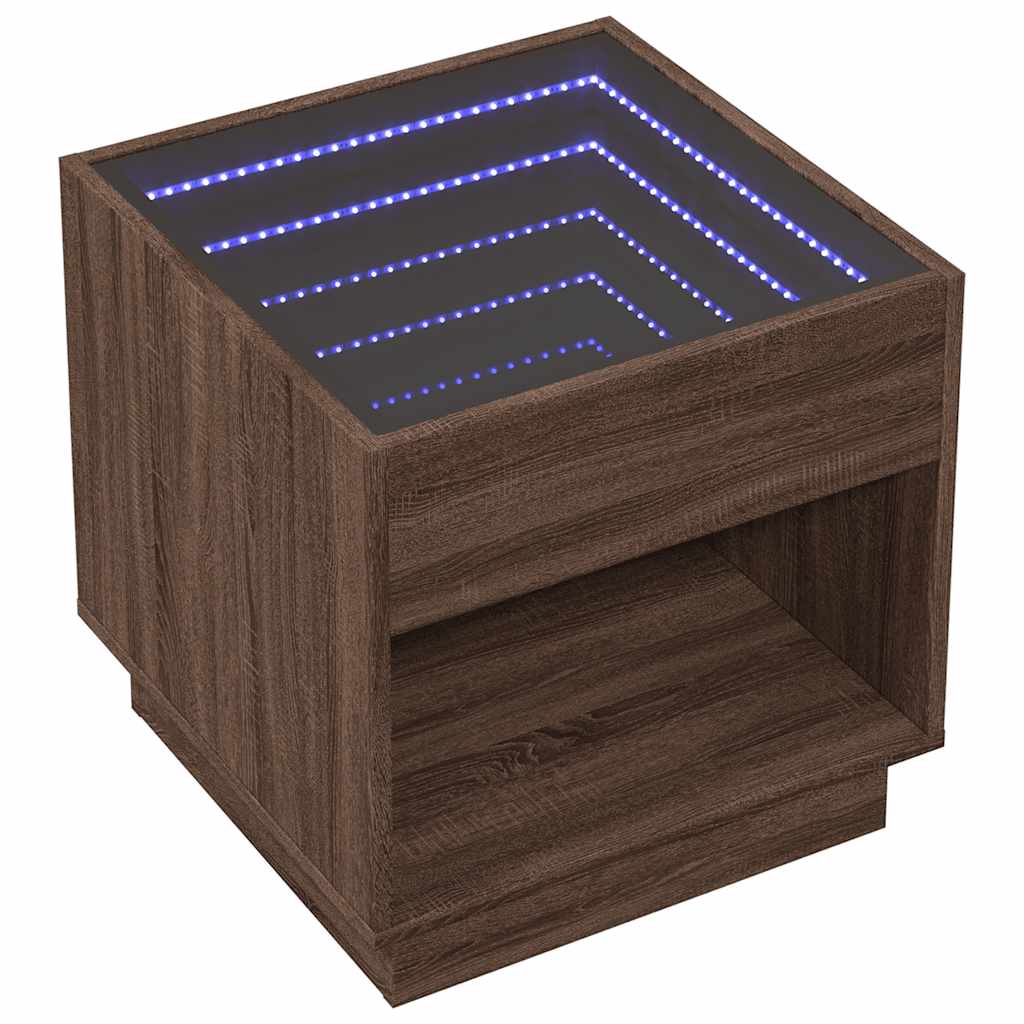 barna tölgy végtelen hatású LED-es dohányzóasztal 50x50x50 cm