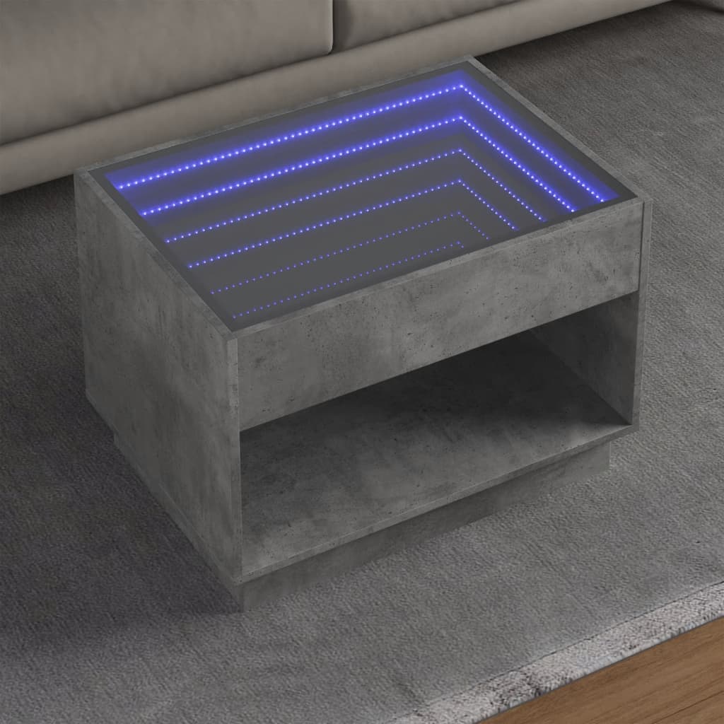 betonszürke végtelen hatású LED-es dohányzóasztal 70x50x50 cm