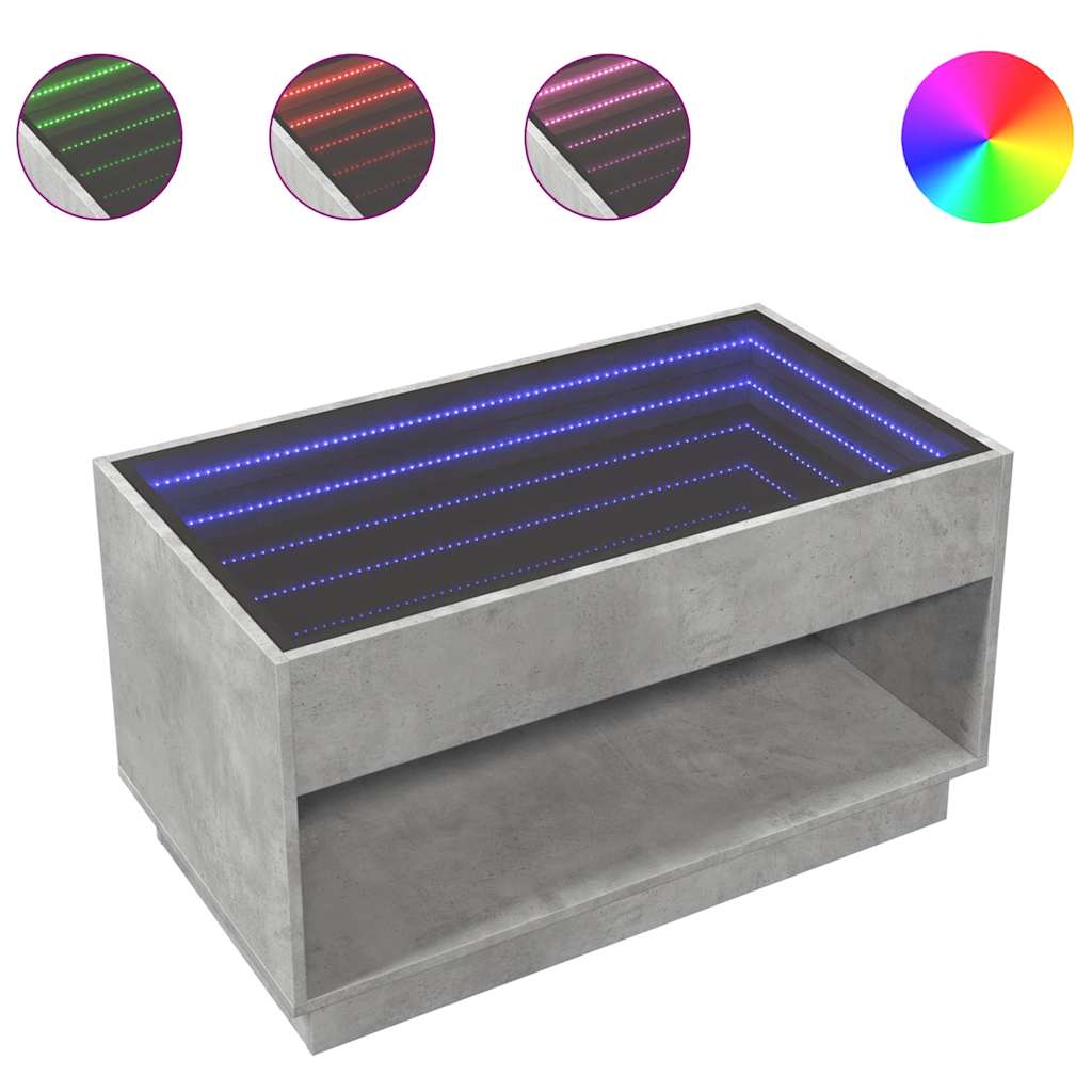 betonszürke végtelen hatású LED-es dohányzóasztal 90x50x50 cm