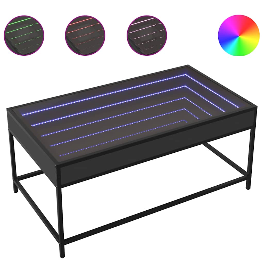 fekete végtelen hatású LED-es dohányzóasztal 90 x 50 x 41 cm