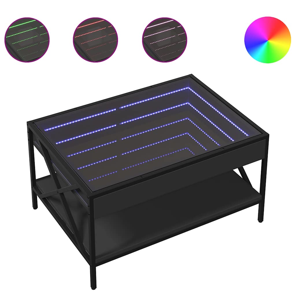 fekete végtelen hatású LED-es dohányzóasztal 70 x 50 x 38 cm