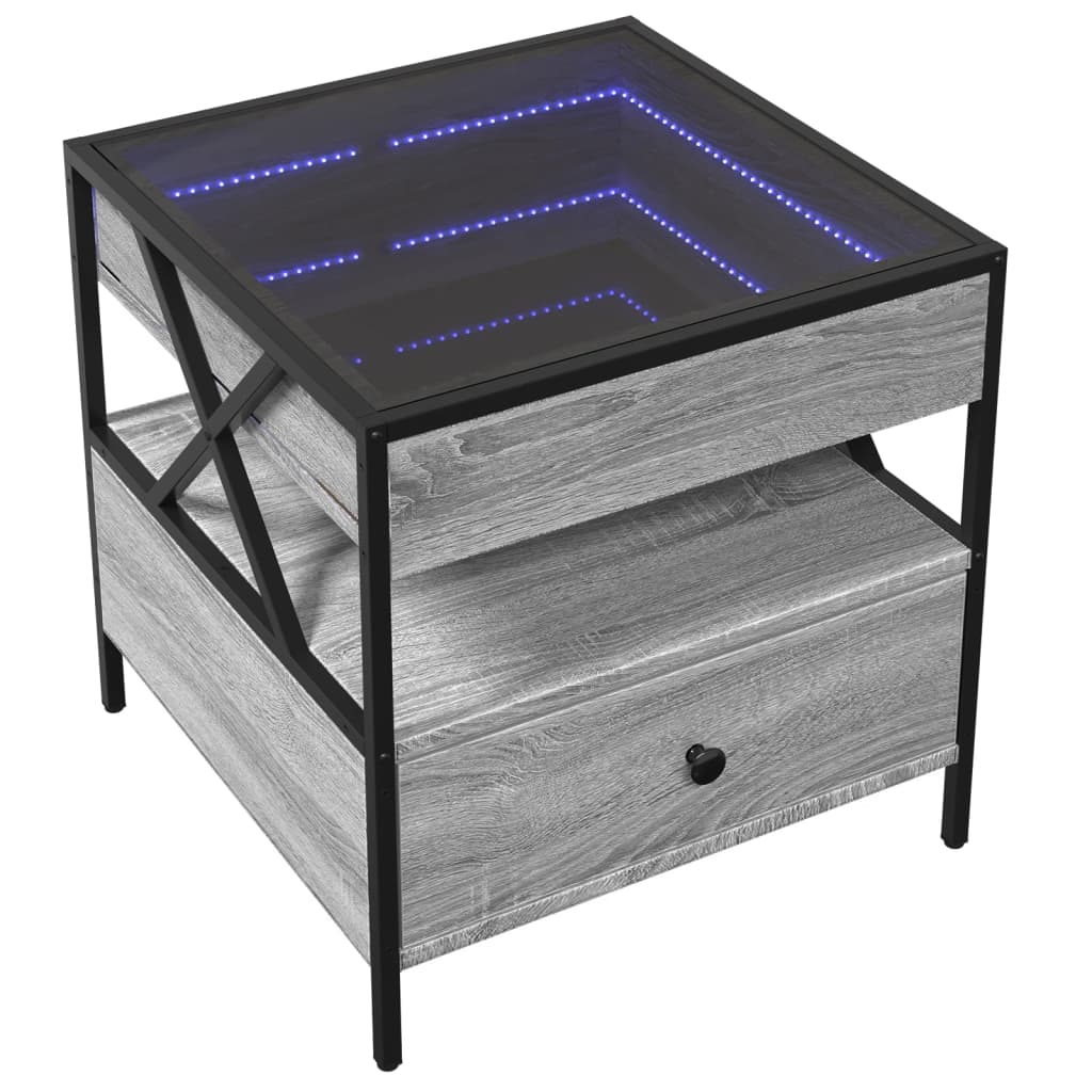 szürke sonoma végtelen hatású LED-es dohányzóasztal 50x50x51 cm