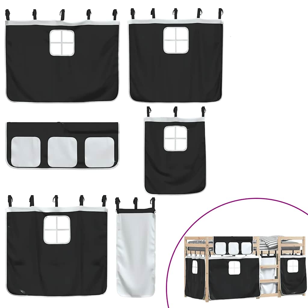 fehér/fekete tömör fenyőfa emeletes ágy függönyökkel 90x200 cm