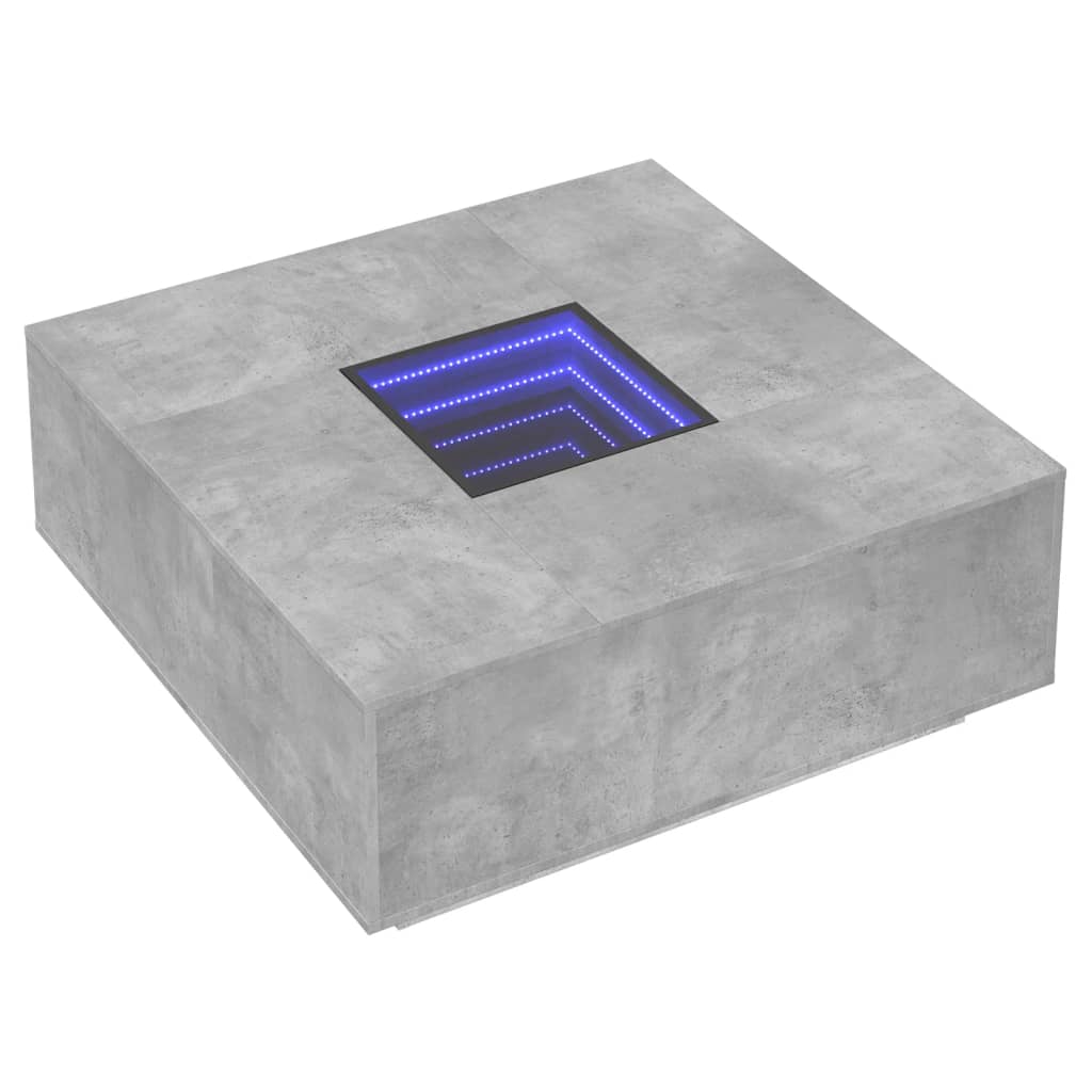 betonszürke végtelen hatású LED-es dohányzóasztal 100x100x40 cm