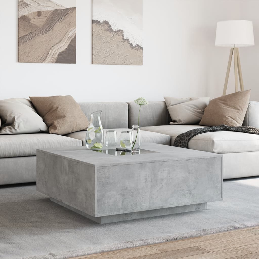 betonszürke végtelen hatású LED-es dohányzóasztal 100x100x40 cm