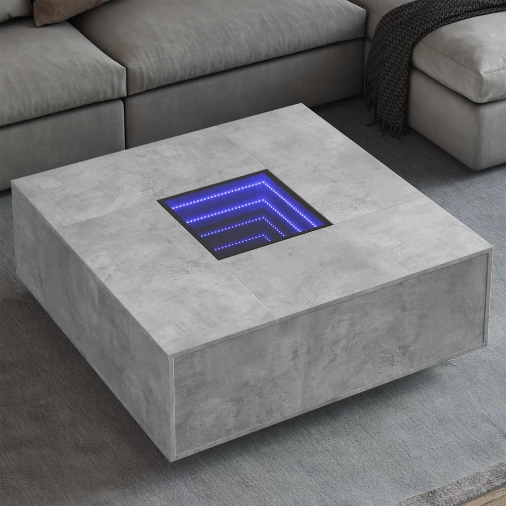 betonszürke végtelen hatású LED-es dohányzóasztal 100x100x40 cm