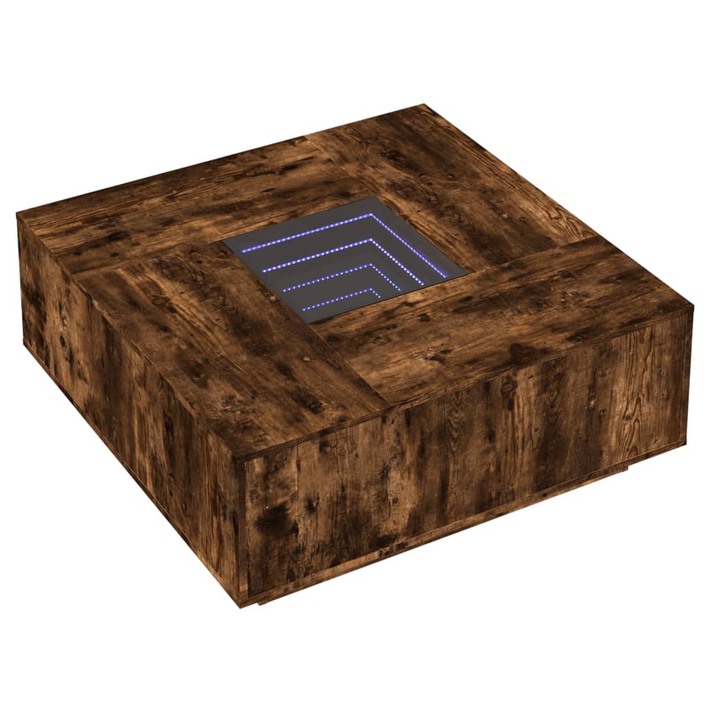 tölgy színű végtelen hatású LED-es dohányzóasztal 100x100x40 cm