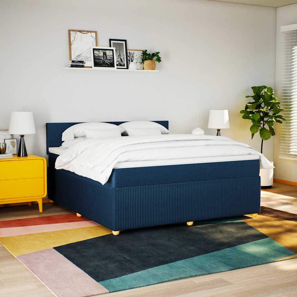 kék szövet rugós ágy matraccal 180 x 200 cm