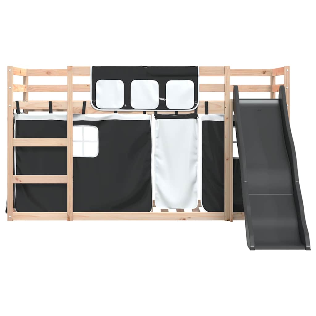 fehér-fekete emeletes ágy csúszdával és függönnyel 80 x 200 cm