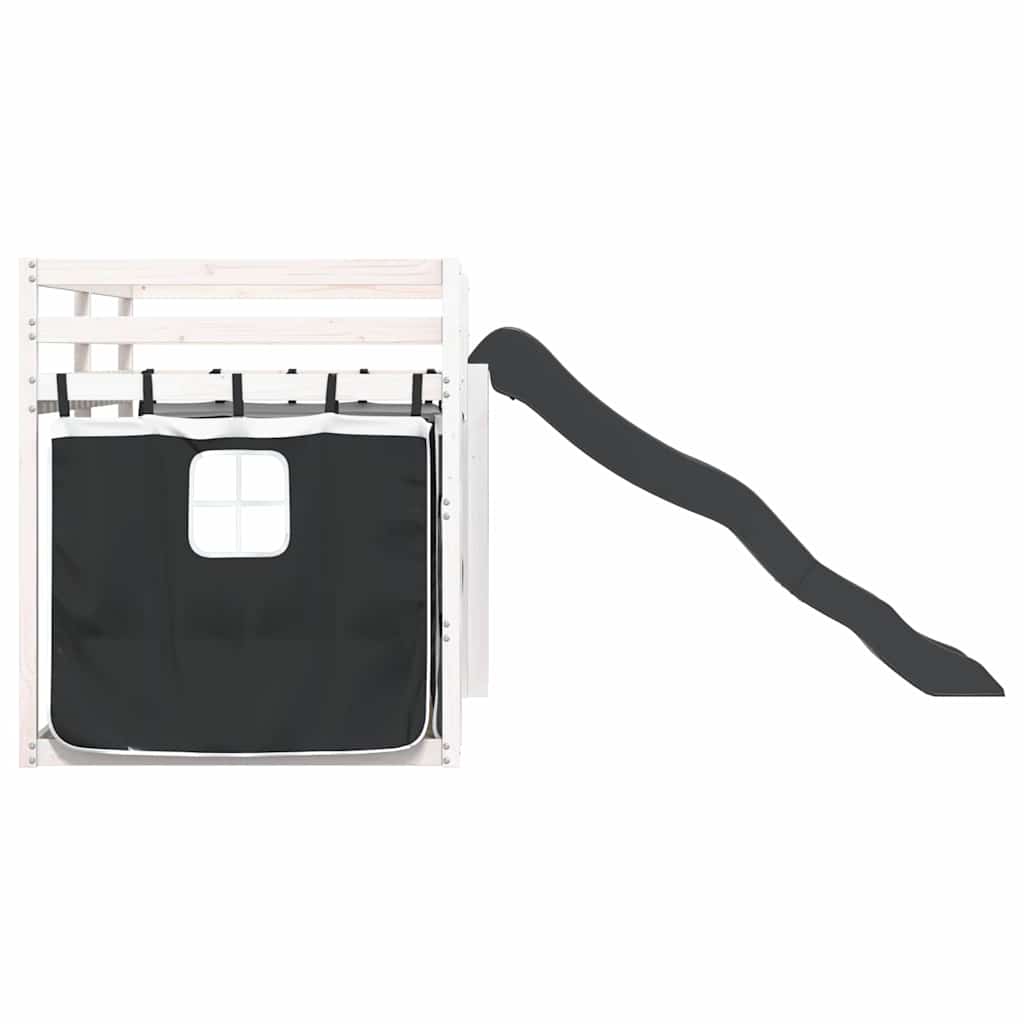 fehér-fekete emeletes ágy csúszdával és függönnyel 90 x 190 cm