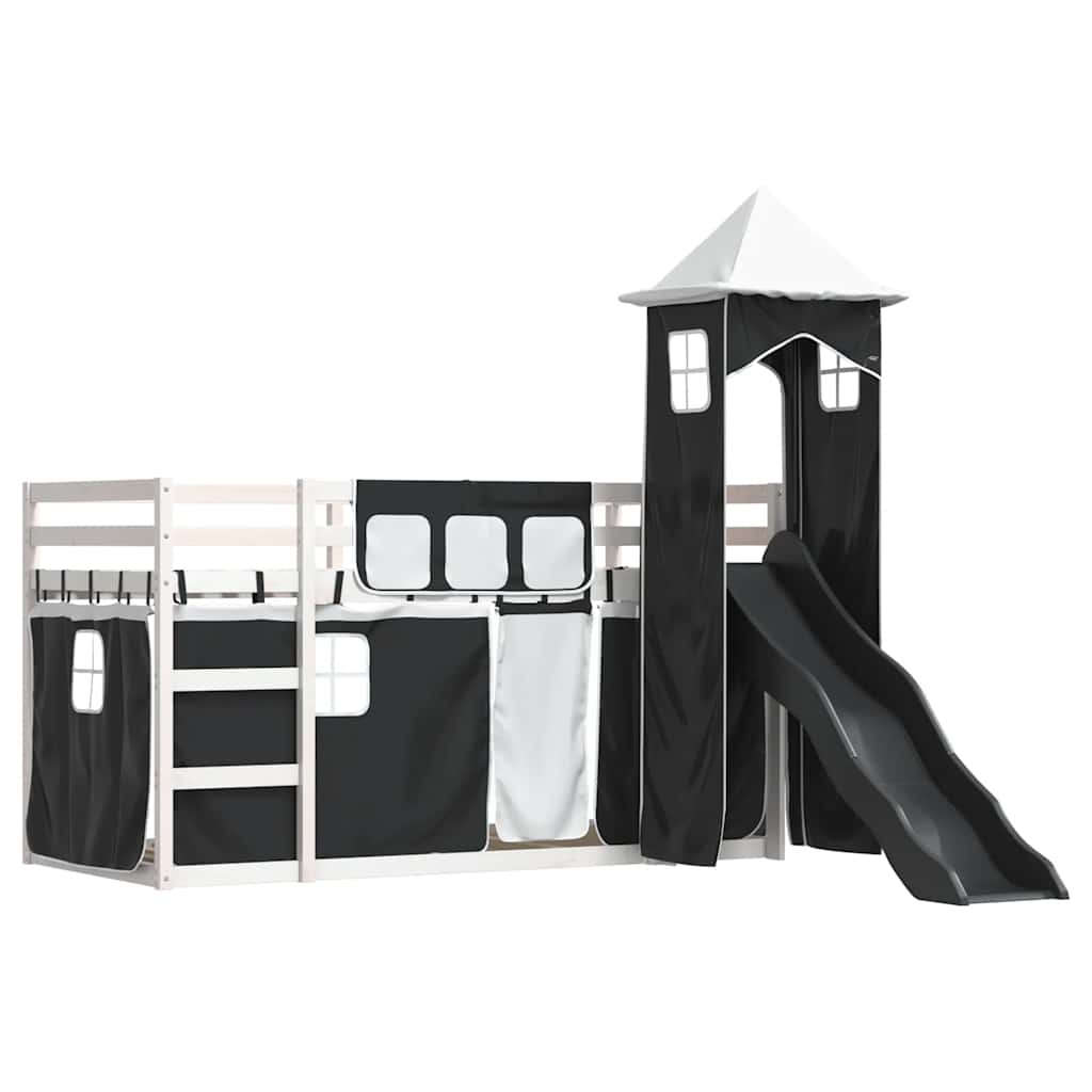 fehér-fekete emeletes ágy csúszdával és függönnyel 90 x 200 cm