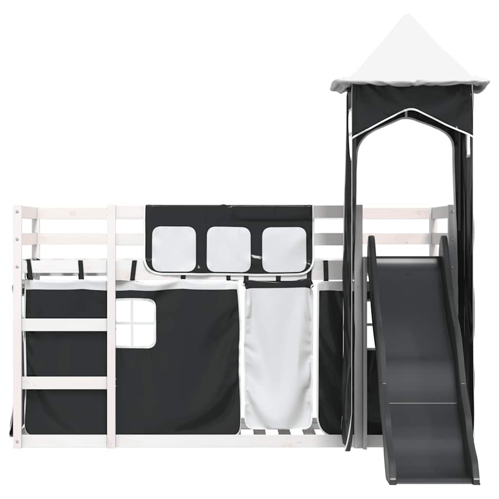 fehér-fekete emeletes ágy csúszdával és függönnyel 90 x 200 cm