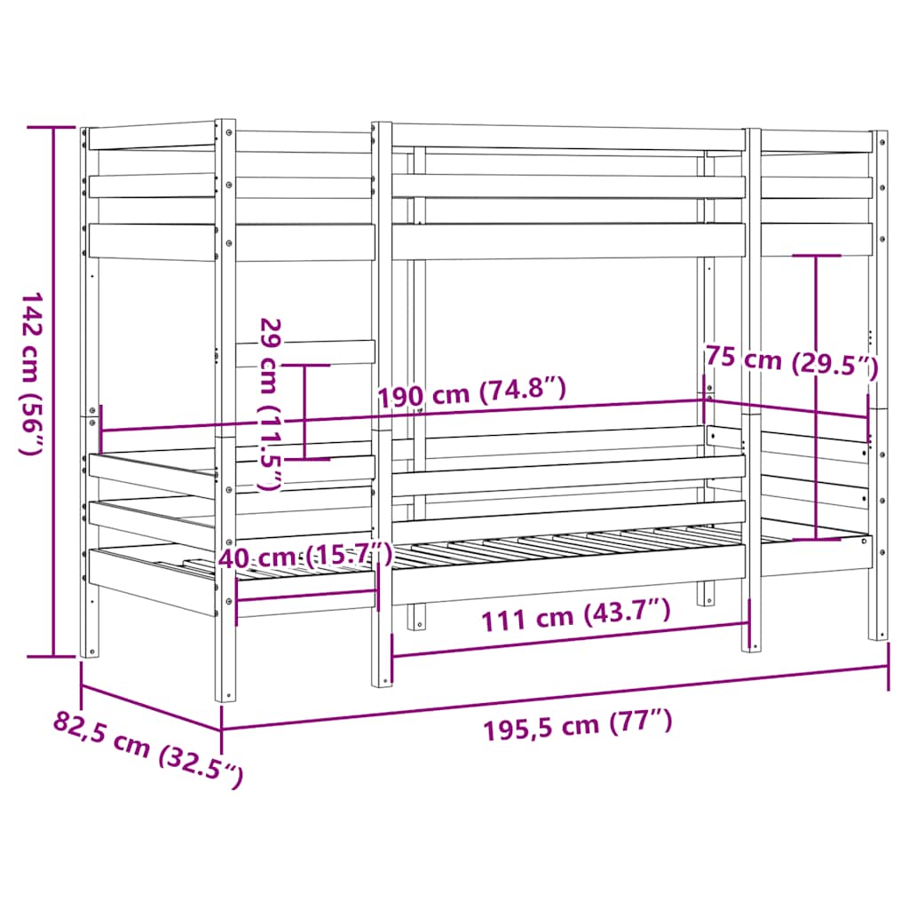 fehér tömör fenyőfa emeletes ágy 75x190 cm
