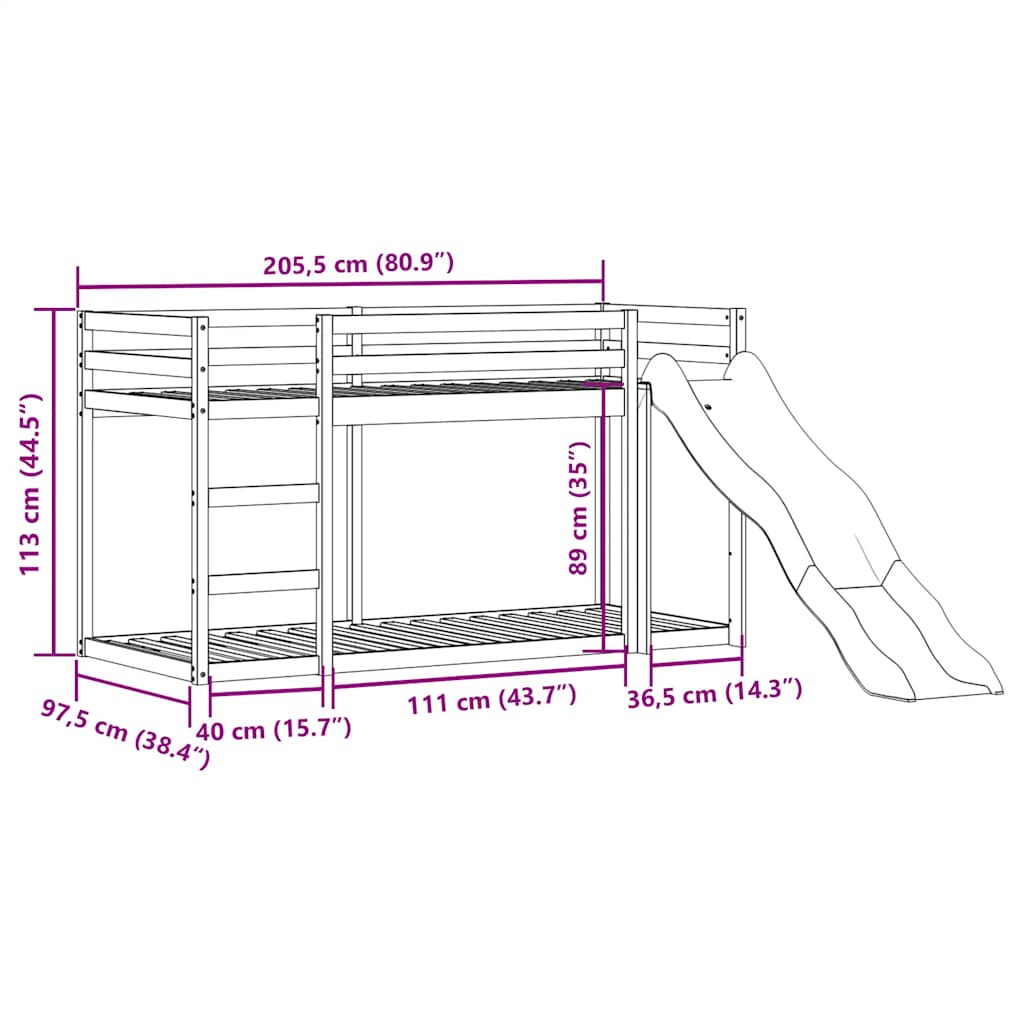 fehér tömör fenyő emeletes ágy csúszdával és létrával 90x200 cm