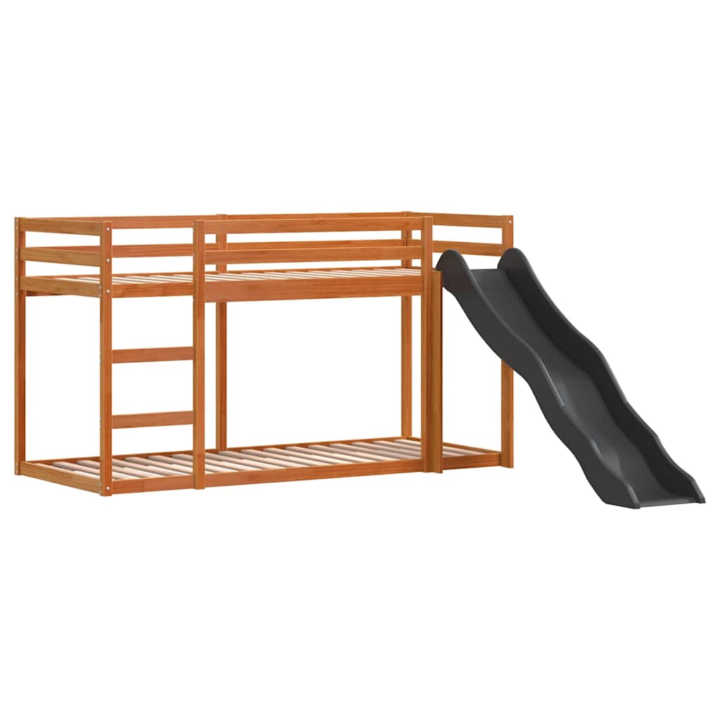 barna tömör fenyő emeletes ágy csúszdával és létrával 75x190 cm