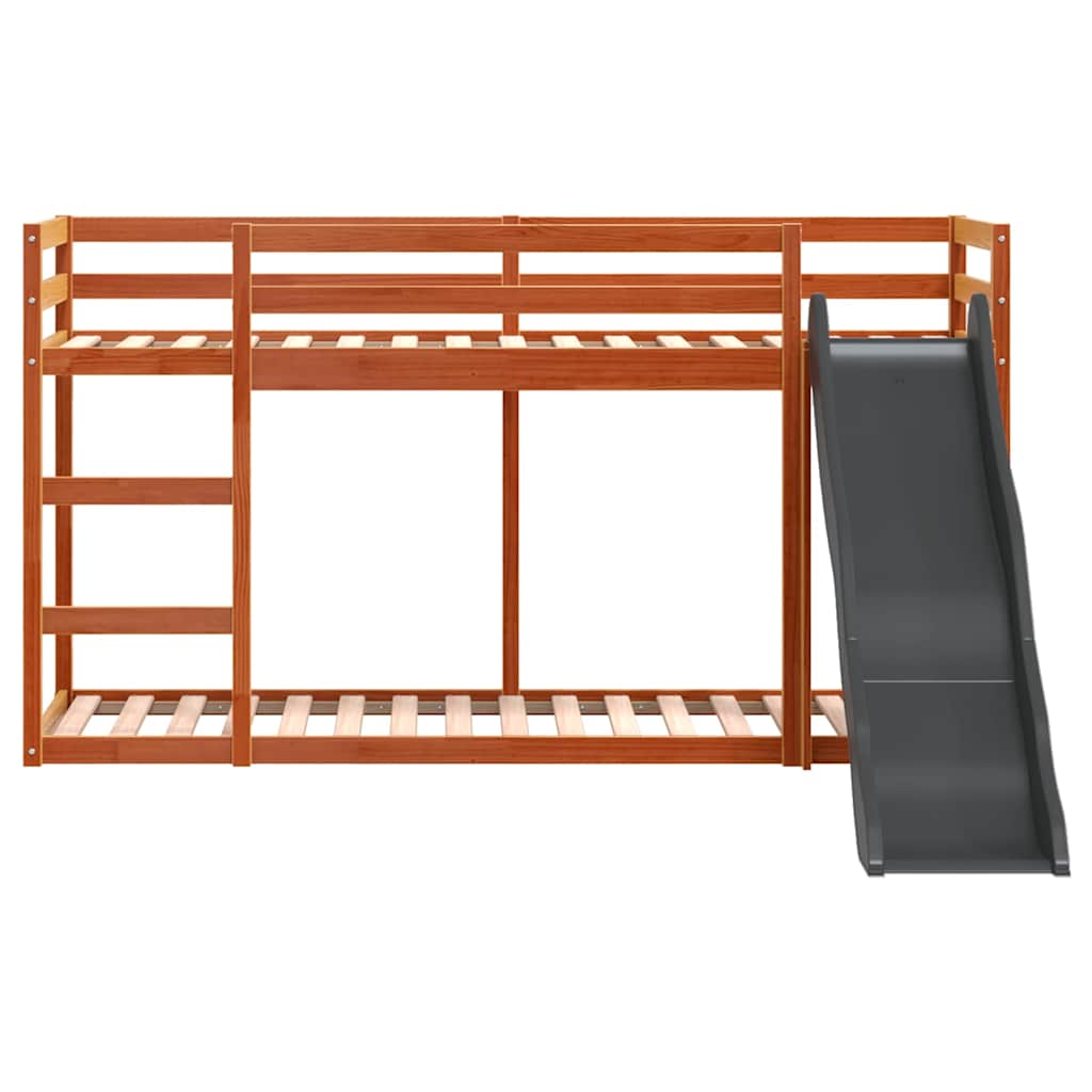 barna tömör fenyő emeletes ágy csúszdával és létrával 75x190 cm