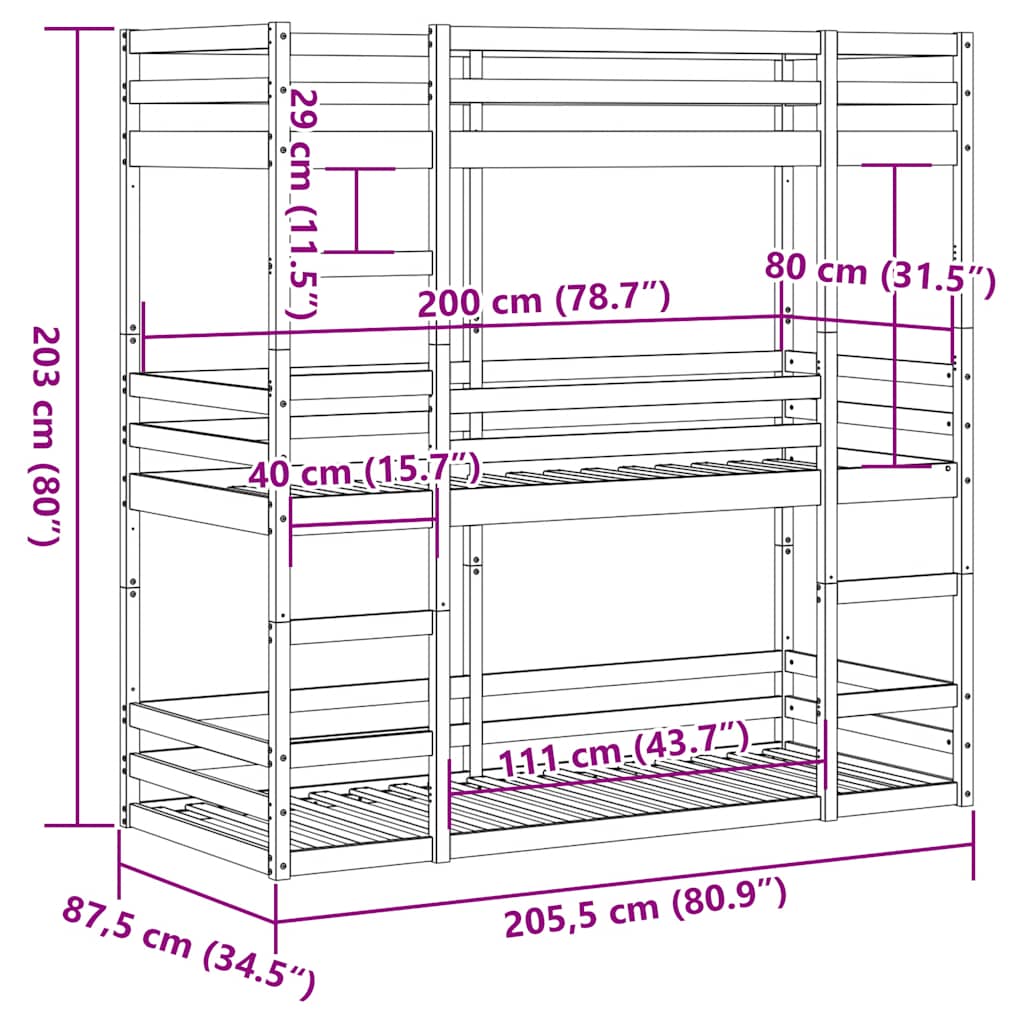 viaszbarna tömör fenyőfa háromszintes ágy 80 x 200 cm