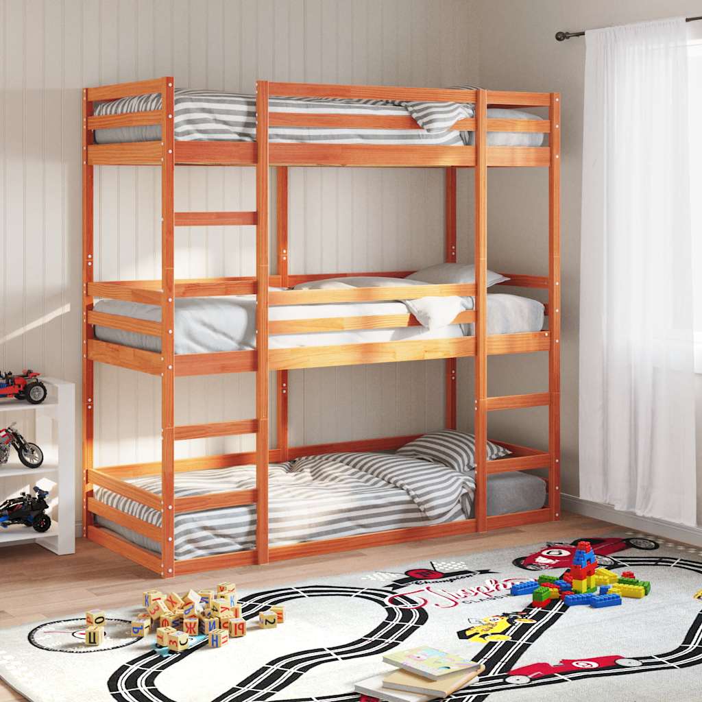 viaszbarna tömör fenyőfa háromszintes ágy 90 x 200 cm