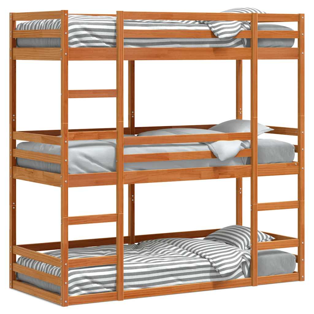 viaszbarna tömör fenyőfa háromszintes ágy 75 x 190 cm