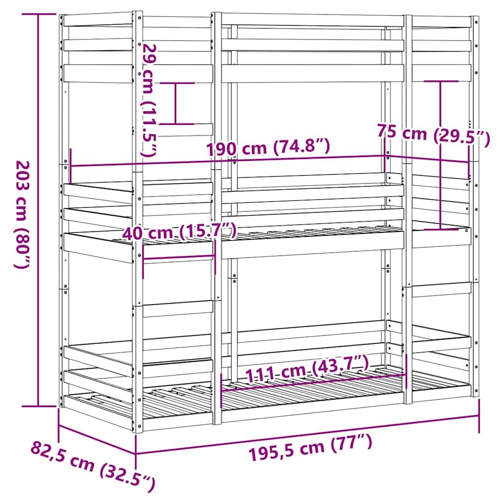 viaszbarna tömör fenyőfa háromszintes ágy 75 x 190 cm