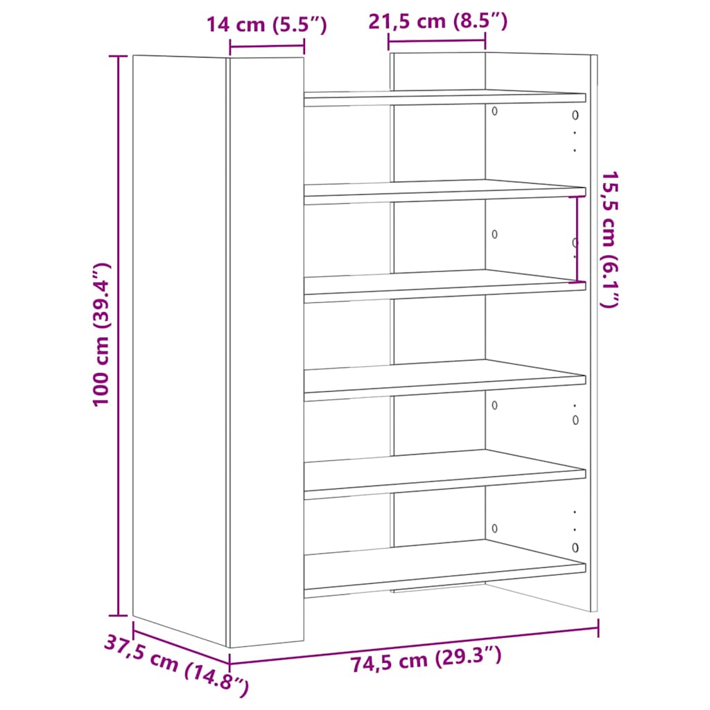 sonoma tölgy színű szerelt fa cipőszekrény 74,5 x 37,5 x 100 cm