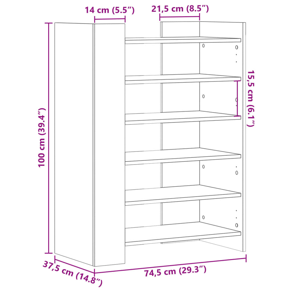 füstös tölgy színű szerelt fa cipőszekrény 74,5 x 37,5 x 100 cm