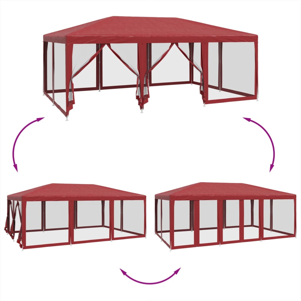 piros HDPE rendezvénysátor 10 hálós oldalfallal 6 x 4 m
