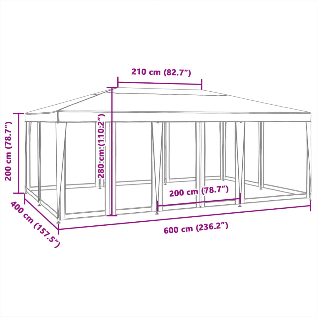 piros HDPE rendezvénysátor 10 hálós oldalfallal 6 x 4 m