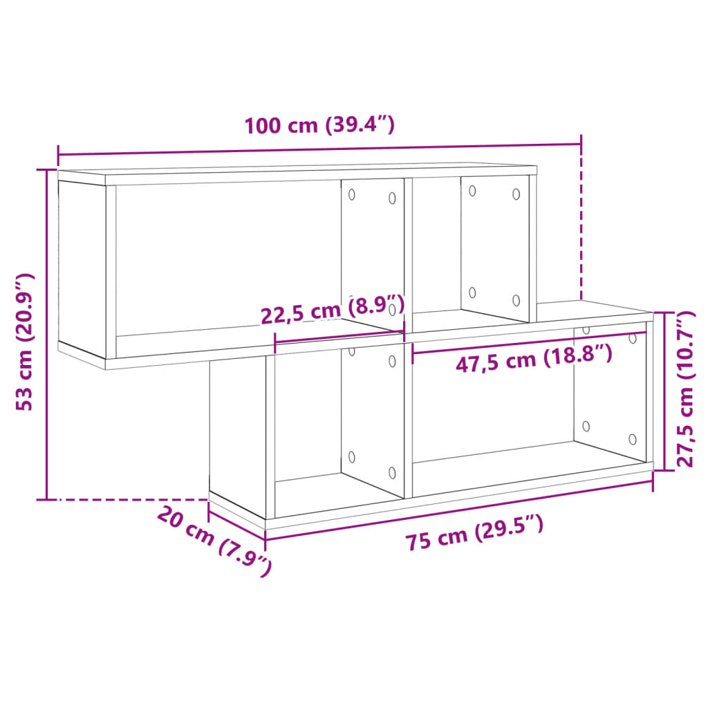 betonszürke szerelt fa fali polc 100 x 20 x 53 cm