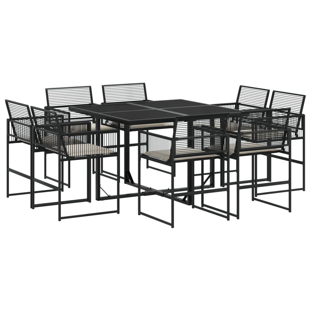 9 részes fekete polyrattan kerti étkezőgarnitúra párnákkal