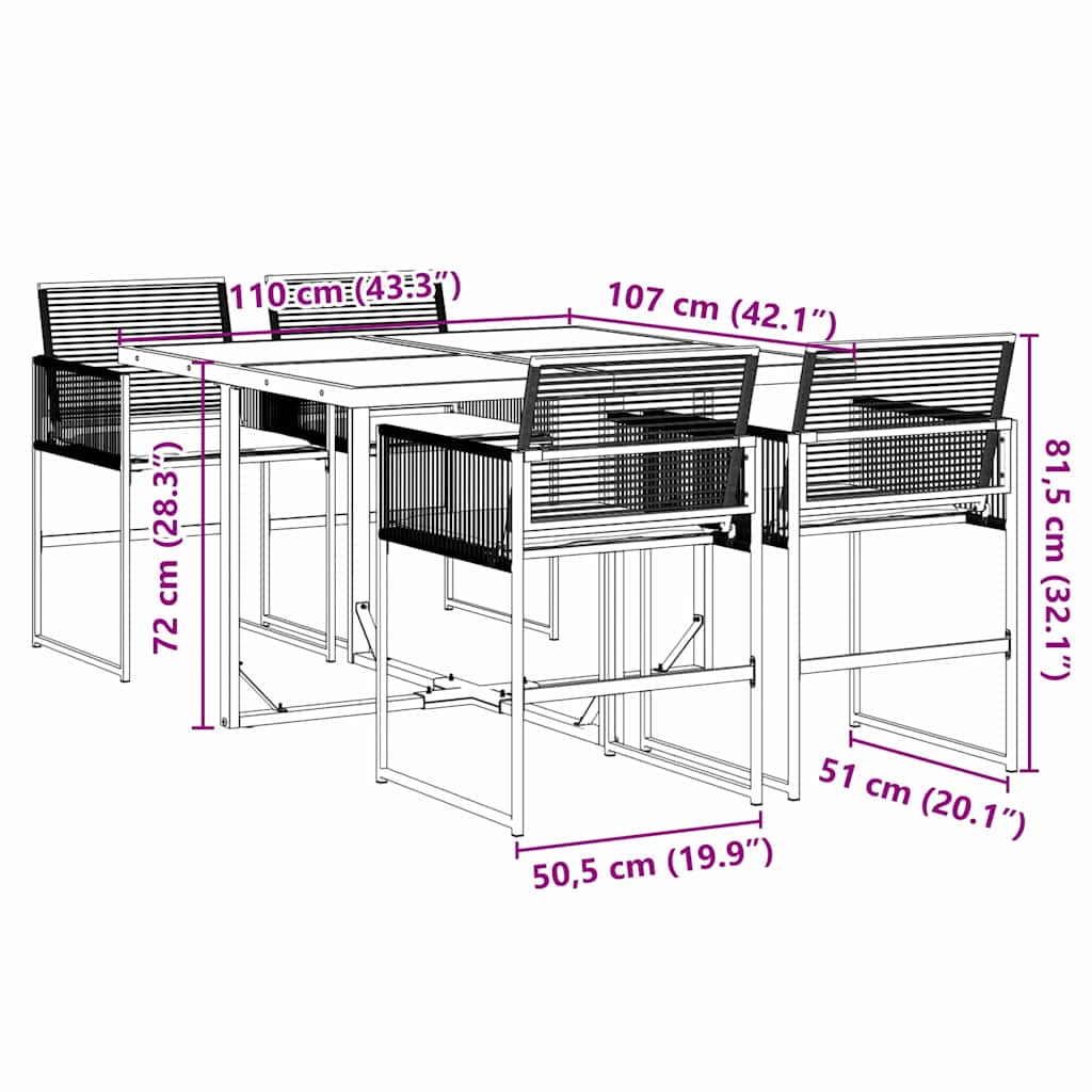 5 részes fekete polyrattan kerti étkezőgarnitúra párnákkal