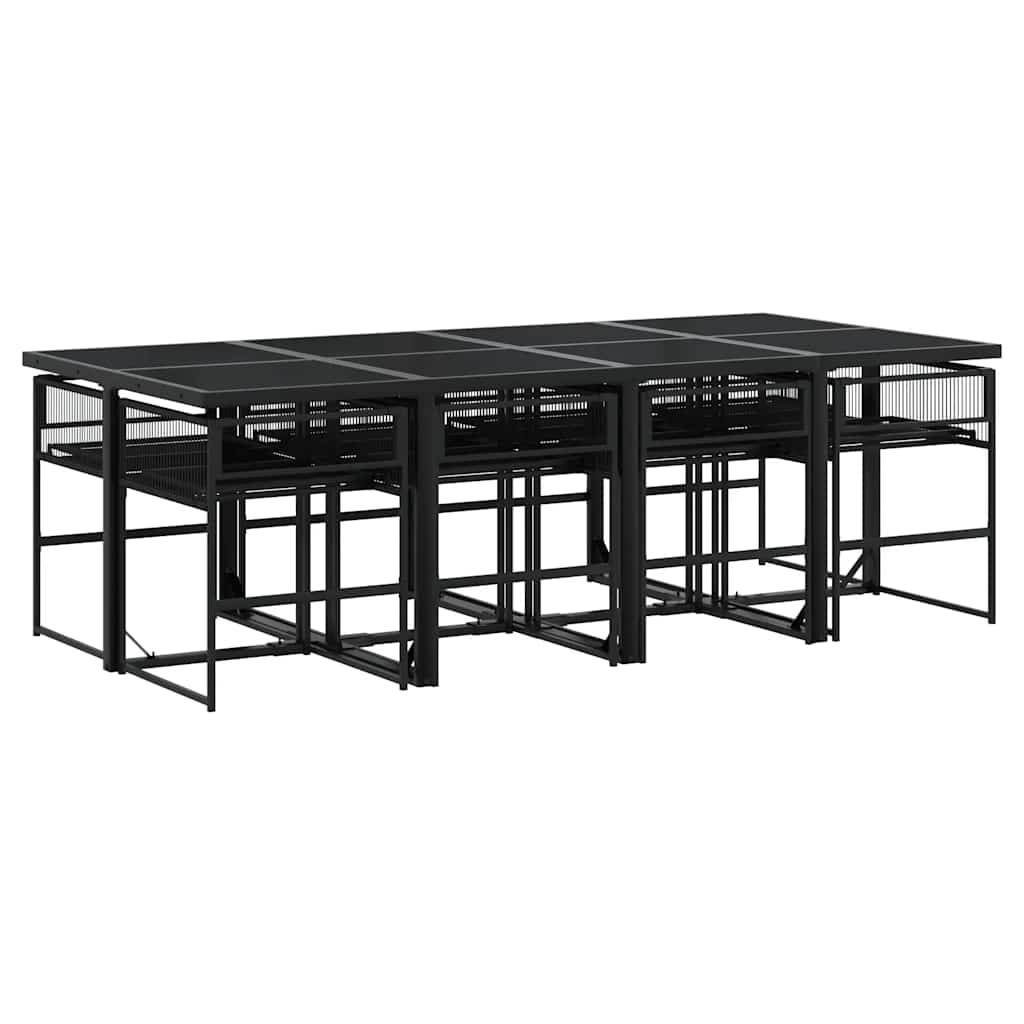 9 részes fekete polyrattan kerti étkezőgarnitúra párnákkal